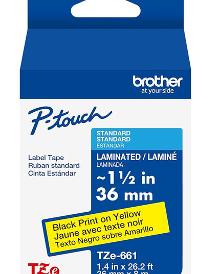 Brother Genuine P-Touch TZe Black Print on Yellow Label Tape (TZe661), Laminated,1-1/2in x 26.2ft (36mm x 8m), for Select P-Touch Label Makers, Durable, Water-Resistant, Indoor/Outdoor Use