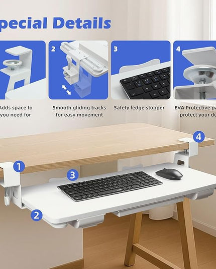 Keyboard Tray Under Desk with Drawer,26.77" X 11.81"Large Size Keyboard Tray with C Clamp-on Mount, Easy to Install, for Home Office (White)