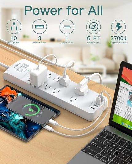 Power Strip, Addtam Surge Protector with 10 Outlets and 4 USB Ports, 6 Feet Extension Cord with Flat Plug, 2700 Joules, ETL Listed, White