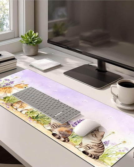 XL Mouse Pad Gaming Mousepad 31.5 x 11.8 Inch Large Keyboard Desktop Mat Diatomite Mouse Pad for Home and Office Desk Accessories with Watercolor Cat Lavender Meadow Artwork