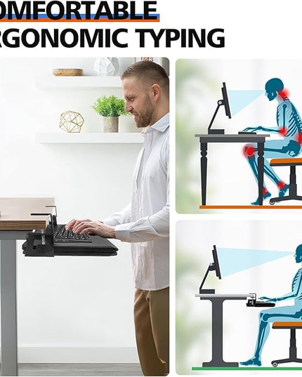 Large Keyboard Tray Under Desk Slide Out with Sturdy C-Clamp Mount and Storage Drawer, 27" (31" Including Clamps) x 12" Ergonomic Keyboard Trays for Home and Office, Black