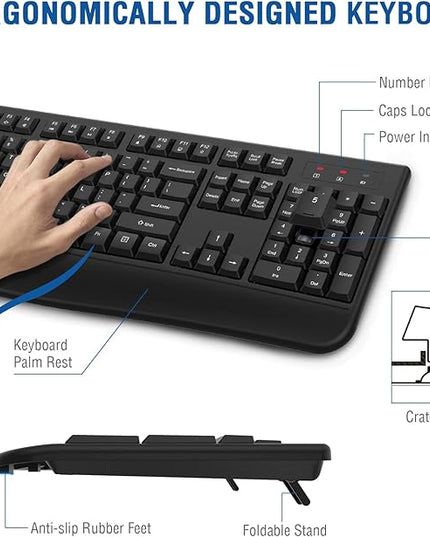 EDJO Wireless Keyboard, 2.4G Ergonomic Full Size Wireless Computer Keyboard with Wrist Rest for Windows, Mac OS Desktop/Laptop/PC（Black）