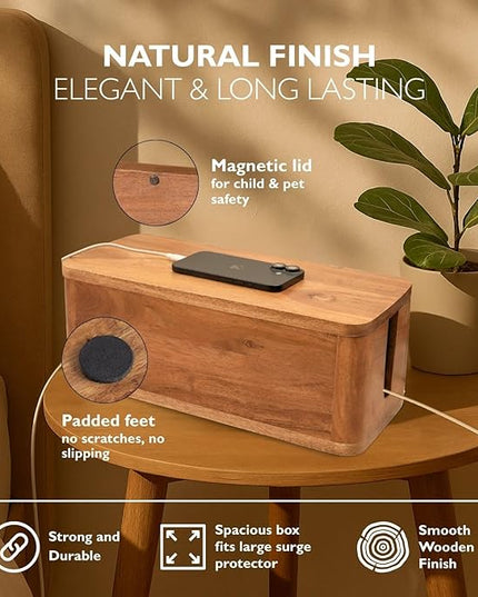 Large Cable Management Box - Acacia Wood - Cable Organizer Box and Power Strip Box for Electrical Cord Management - Hide Desk Cord and Floor Cables - Wire Storage and Organization for Cords