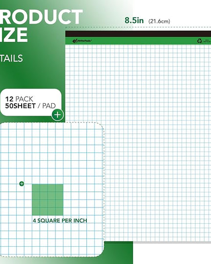 KAISA Graph Paper Legal Pads Writing Pads Recycled Paper 8.5"x11.75" Quad Ruled 4x4 Perforated 50sheets/pad Grid Paper Notepads Writing Tablet White For Office Supplies (White 6pad, 8.5x11.75'')