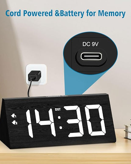 fomobest Wooden Digital Alarm Clock with Dual USB Charging Ports, DST, Dimmable, Snooze, Modern Large Time Display LED Clock for Kids Bedrooms, Living Room, Desk, Table, Bedside, Nightstand (Black)