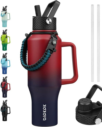 BJPKPK Insulated Water Bottles with Straw Lid, 35oz Metal Water Bottle with 2 lids & Paracord Strap, Double Wall Stainless Steel Tumbler with Handle, Reusable Cups, Mugs, Thermo, Charming Red