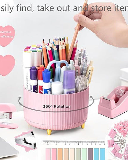 Office Supplies,Desk Accessories,with Stapler,Tape Dispenser,Staple Remover,Scissor,Ballpoint Pen,Sticky Notes,Clear Tape,Staples,Desk Organizer,Phone Stand,Binder,Index Tabs,Best gift set(Pink)