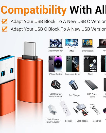 Temdan USB to USB C Adapter,Car Charger OTG Converter Compatible with MacBook Pro Air 2024,Samsung Notebook and More Type C,for iPhone 17 16 15 Air Plus Pro Max,OTG Adapters-Orange