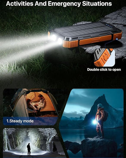 Solar Power Bank 49800mAh Wireless Portable Charger with USB-C 15W Fast Charging with 4 Built-in Cables LED Flashlight Battery Pack Compatible with iPhone, iPad, Smartphone,Perfect for Camping, Hiking
