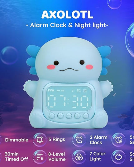 Axolotl Alarm Clock with Night Light for Kids, Rechargeable Silicone Lamp Time to Wake Clock Cute Animal Tabletop Lamp, Perfect Sleep Companion for Boys Girls, Blue