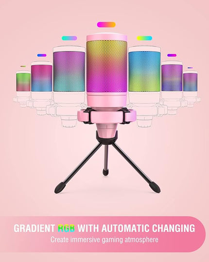 FIFINE USB Gaming PC Microphone for Streaming Podcasts, AmpliGame RGB Computer Condenser Desktop Mic, Cardioid Pattern for YouTube Video, Plug and Play on PS4 PS5, with Quick Mute, Mic Gain-A6V Pink