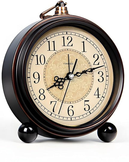 TIMESS Vintage Analog Alarm Clock, 4.3" Silent Non-Ticking Quartz Desk Clock, Battery Operated Table Clock for Bedroom, Living Room, Office, or Gift