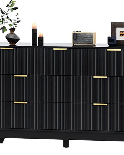 HUANLEGO Fluted Dresser for Bedroom with 7 Drawer, Mid Century Modern Chest of Drawers, 48" Wide Natural Wood Dresser for Closet, Wooden Boho Chest Closet Storage TV Stand for Bedroom, Black