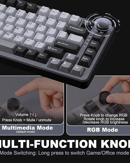 YUNZII B75 PRO Wireless Mechanical Keyboard,75% Layout with Knob,Hot Swap Gasket Custom Structure,Creamy Pre-lubed Switches,RGB Backlit,BT/Type-C/2.4G for Win/Mac(Cocoa Cream V2 Switch,Dark Grey)