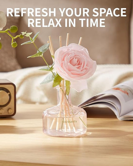Reed Diffusers Set Rose Scent, Reed Diffuser for 120 Days, Diffusers for Home Pink Bottle,Bathroom Diffuser with 7 Sticks, Home Decor, Shelf Decor
