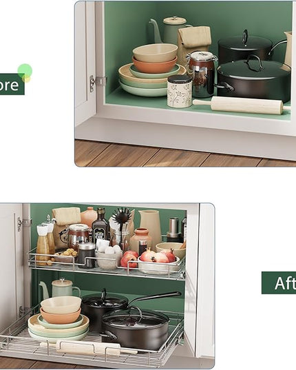 LOVMOR 2 Tier Individual Pull Out Cabinet Organizer 25½" W x 21½" D, Slide Out Kitchen Cabinet Storage Sliding Shelves