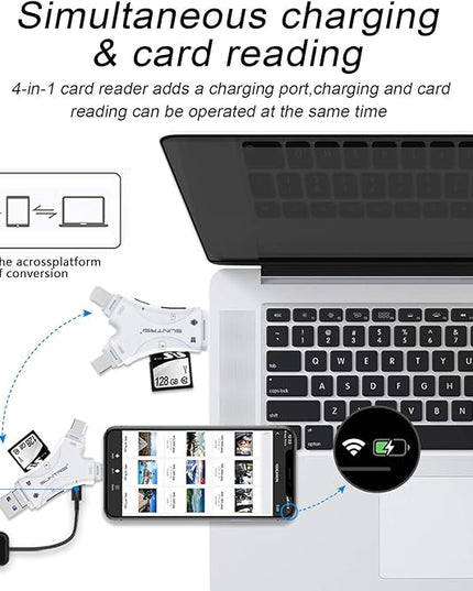 SD Card Reader for iPhone/ipad/Android/Mac/Computer/Camera,4 in1 Micro SD Card Reader Trail Camera Viewer, Portable Memory Card Reader SD Card Adapter for SD and TF Cards(White)