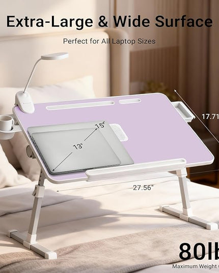 iXTRA Laptop Lap Desk with Cooling Fan - Adjustable Bed Desk with Light, Bed Table with Cup Holder&Phone Holder - Storage Drawer Desk - Folding Bed Desk,Purple,70x45cm