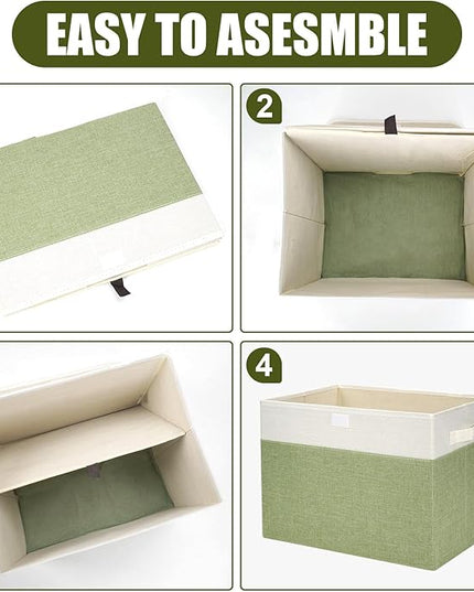 Large 17" 42 Quarts Collapsible Stackable Storage Bins with Lids [3-Pack] Foldable Fabric Linen Storage Boxes Cube, Closet Organizer Baskets with Label for Home (16.7 x 12 x 12", Green & White)
