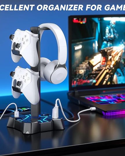 KDD Headphone Stand with USB Charger, Controller Stand for Desk, Headphone Holder with 2 USB Charging Ports and 3 AC Outlets, Accessories for Desktop(Black)