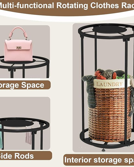 Rotatable Round Garment Display Rack, Floor-Standing Double Space Multi-Purpose Metal Shelf for Clothes Storage, Commercial Clothing Organizer in Retail Boutiques (Black, 27.6"x 51.2")