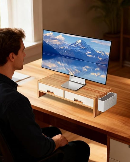 Computer Monitor Riser - Storage Drawer Stand, Stable Desk Organizer, Elevated Ergonomic Display Shelf | Functional Workstation Addition for Family Rooms Indoor Offices and Study Areas