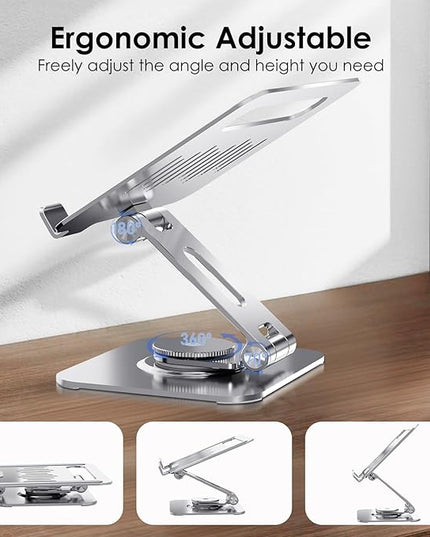 Tablet Stand for Desk, 360° Swivel for iPad Holder, Aluminum Adjustable Tablet Holder, Compatible for iPad Pro Air Mini Surface Pro Samsung Galaxy Tabs Kindle, 4-12.9 inch, Silver
