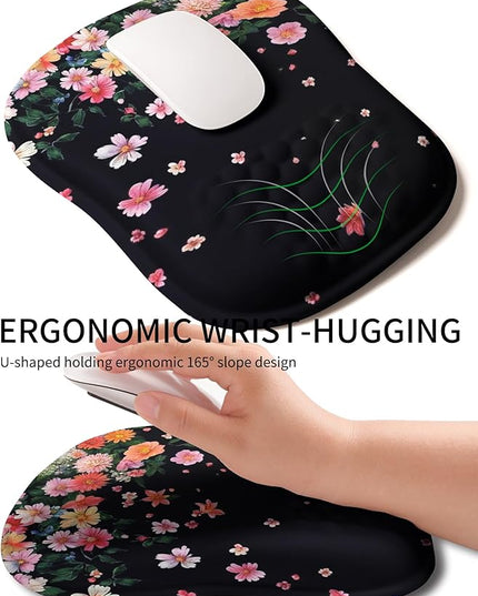 Hokafenle Ergonomic Wrist-Hugging Mouse Pad Wrist Support, U-Shaped Holding Wrist Rest Mousepad for Carpal Tunnel Pain Relief with Cushioned Memory Foam Slope Massage Bulge (10.2x8.3 in,Fall Flower)