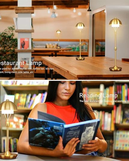 Modern Table Lamp Cordless Portable Desk Lamp, 2700K Stepless Dimming Rechargeable Battery Operated LED Lights for Bedroom, USB-C Charging, Restaurant/Bar/Night Light/Gifts (Antique Brass)
