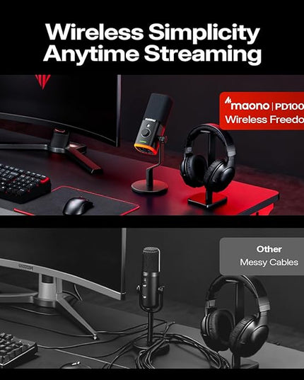 MAONO PD100WS Wireless Gaming Microphone for PC, Dynamic Streaming USB Mic with 3 Level Noise Cancelling,RGB,Mute Button, Software EQ,Computer Boom Mic for Podcast, Vocal Recording, Black