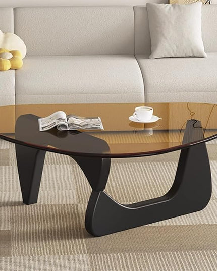 EASYSOUL Modern Glass Coffee Table, 32.68" D x 22.44" W x 15.75" H, Abstract Round Tea Tables for Living Room Home Office Industrial Cocktail Tables (Black-Brown Glass, 32.68")