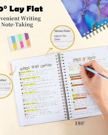 5 Subject Notebook College Ruled, A5 Spiral Notebook with Removable Pocket Dividers Tabs, Lined Organizer Notebook Journal for Women, 240 Pages Notebooks for Work School Note Taking, Purple Marble