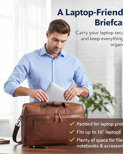 17-inch Genuine Leather Laptop Briefcase for Men and Women – Brown Leather Messenger Bag for Professional Work, Office, College & Travel Computer Laptop Bag