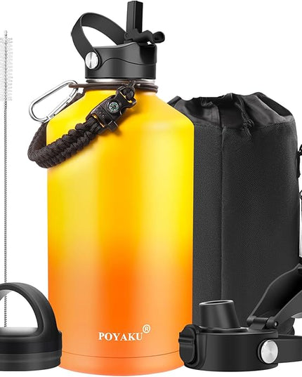 Water Bottle Insulated 32oz 40oz 64oz 128oz Straw Lid Spout Lid & 3 Lids, Leak Proof, Vacuum Insulated,Stainless Steel Water Bottle Wide Mouth for Sports, Gym or Office