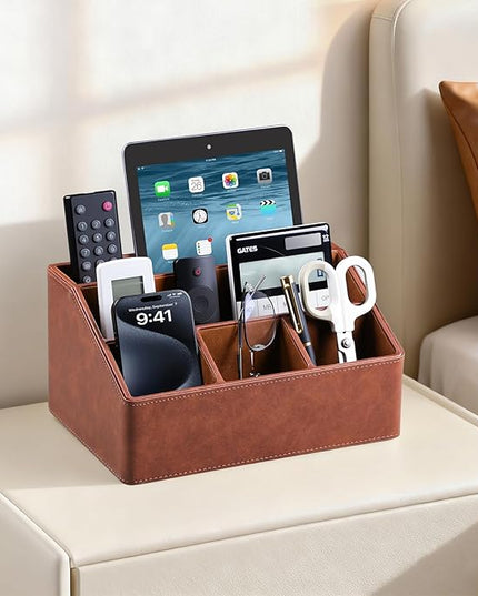 MEIBOOCH PU Leather Desk Organizer, Luxury Remote Control Holder for Home, Office Desk Accessories Table Caddy Bedside Nightstand Organizer (Brown)