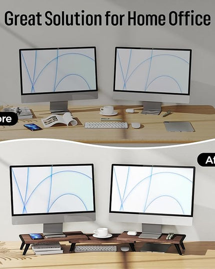 loukin Dual Monitor Stand Riser for Desk, 43.6"*8.2"*3.2" Large Computer Stand for 2 Monitors, Laptop, Printer, Length and Angle Adjustable Computer Shelf, Home Office,Max 43.6" Length(Brown)
