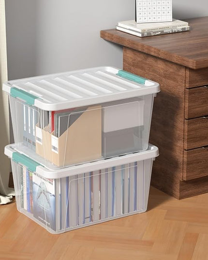 6-Pack 35 quart Large Plastic Storage Bin, Latching Box with Clear Base, White Lid and Green Latches