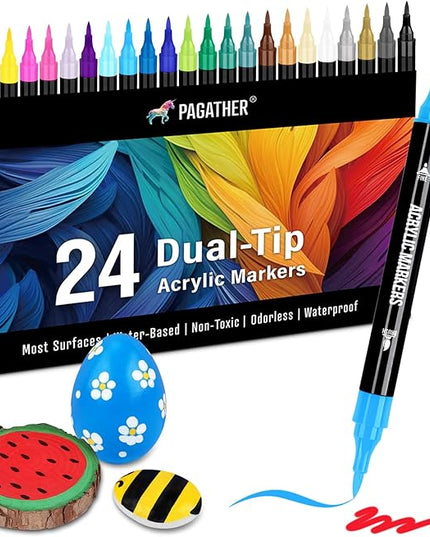 24 Colors Acrylic Paint Markers, Dual Tip with Fine Tip and Brush Tip Pens for Stone, Wood, Calligraphy, Canvas, Ceramic, Metal, Glass, Rock Painting, DIY Crafts