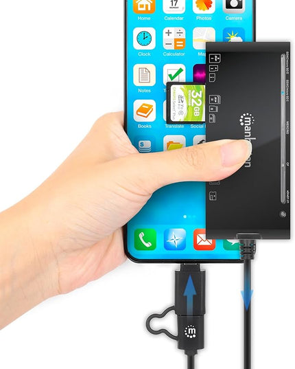 Manhattan 7 in 1 USB C & USB A Combo Multi Card Reader – Long 3 ft Cable – 5Gbps USB 3.0 - SD, TF, CF, Micro SD, XD, MS - Multiple Adapter Hub – 3 Yr Mfg Warranty – 102605