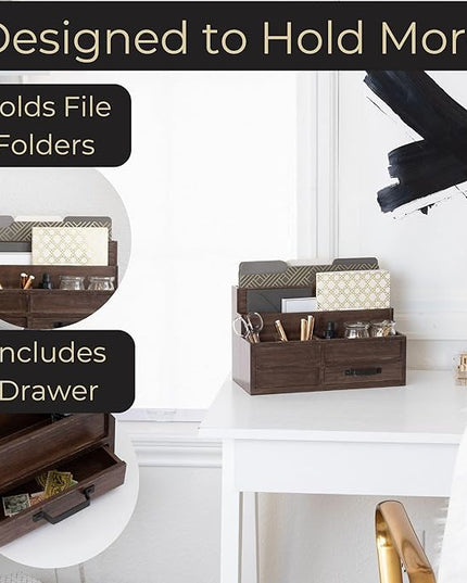 BLU MONACO | Wooden Mail Organizer with Drawer and Pen Holder | Mail Sorter Organizer Countertop for Desk or Kitchen | Outgoing Mail Holder Wood Desktop Storage