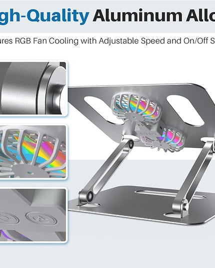 Adjustable Laptop Cooling Stand with 2 Quiet Fans & RGB Lighting, Aluminum Alloy & Foldable Ergonomic Design for MacBook, Lenovo, ASUS, Dell 10-16 Inch, Perfect for Gaming, DJ, Office - Silver