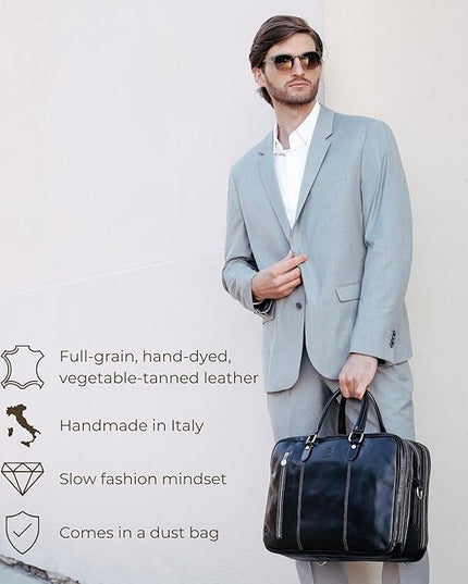 Time Resistance Leather Laptop Briefcase - Full Grain Leather Computer Bag for Men and Women