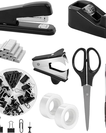 SKYDUE Black Office Supplies Set, Black Desk Accessories, Stapler, Tape Dispenser, Scissors, Binder/Paper Clips and 1000pcs Staples, Desk Supplies Set