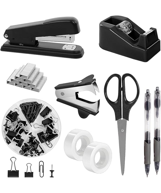 SKYDUE Black Office Supplies Set, Black Desk Accessories, Stapler, Tape Dispenser, Scissors, Binder/Paper Clips and 1000pcs Staples, Desk Supplies Set