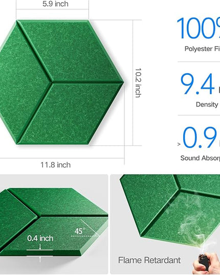 12 Pack Self-Adhesive Acoustic Panels 12" X 10" X 0.4" - Sound Proof Foam Panels with High Density, Y-Lined Design, Flame Resistant, Absorb Noise and Eliminate Echoes(Muted Green)