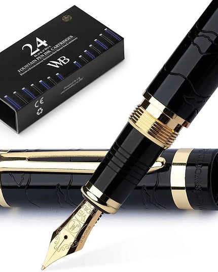 Wordsworth & Black Primori Fountain Pen Set [Black Gold]; Medium Nib, Gift Case, 24 Ink Cartridges, Refill Converter, Manual; Journaling, Calligraphy, Smooth Writing Pens; Left & Right Handed