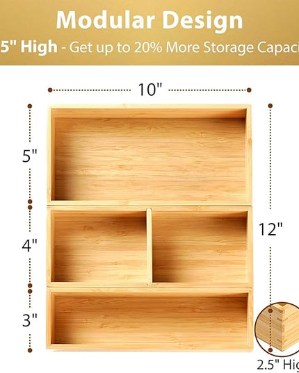 Umilife Drawer Organizer Storage Boxes, 2.5" High Bamboo Drawer Dividers, 3 Rearrangeable Bins for Kitchen, Office Desktop, Clothing, Makeup, vanity, Jewelry