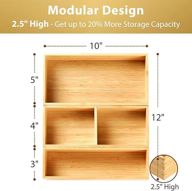 Umilife Drawer Organizer Storage Boxes, 2.5" High Bamboo Drawer Dividers, 3 Rearrangeable Bins for Kitchen, Office Desktop, Clothing, Makeup, vanity, Jewelry