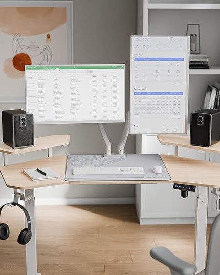 EUREKA ERGONOMIC Aero 55 Inch W Shaped Electric Standing Desk, Height Adjustable Computer Gaming Desk with LED Monitor Shelf, Mouse Pad, Headphone Hook, Cup Holder, Natural Maple