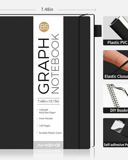 AHGXG Graph Paper Notebook - Spiral Notebook Journal 7.6" x 10", B5 Large Graph Notebook, 140 Pages, 100 gsm Thick Grid Paper, Waterproof Plastic Cover, for School Writing Engineering, Black